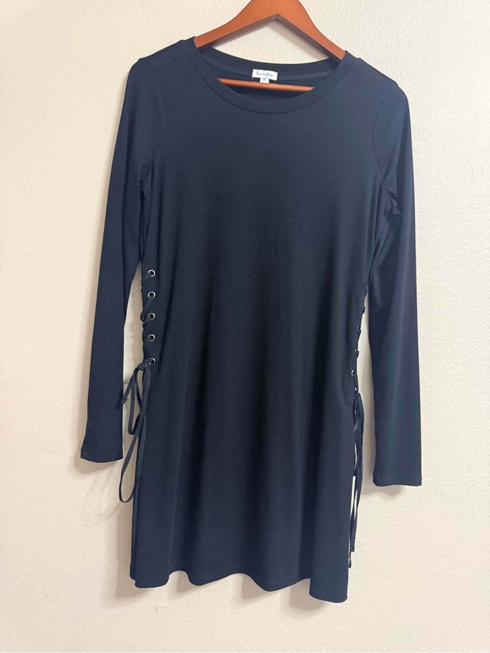 love, Fire Black Long Sleeve Ribbed Dress with Side Lace-Up